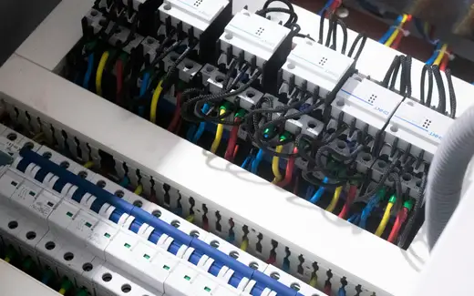 a bunch of wires are plugged into a switch box
